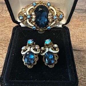 Vintage West Germany  Blue Crystal Brooch and Earring Set